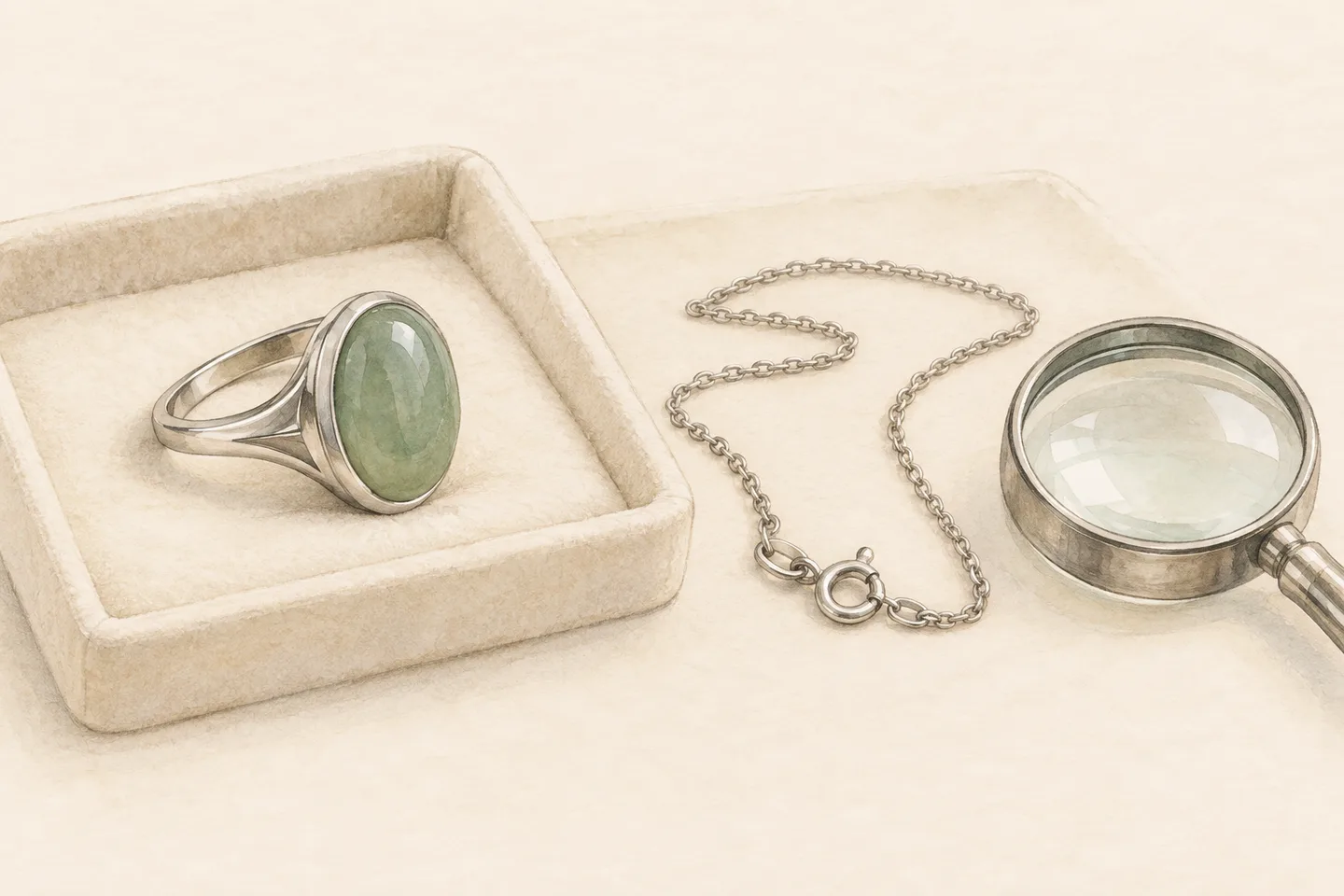 A green-stone ring resting in a padded tray beside a separate chain, visible clasp and magnifying lens.