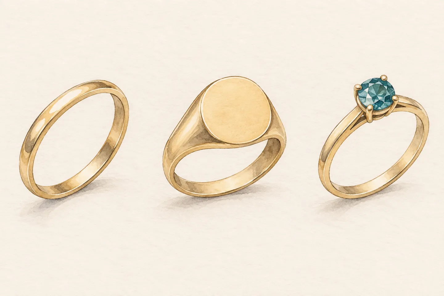 Watercolour illustration of three generic ring forms: a plain band, a flat-faced signet and a single-stone ring.