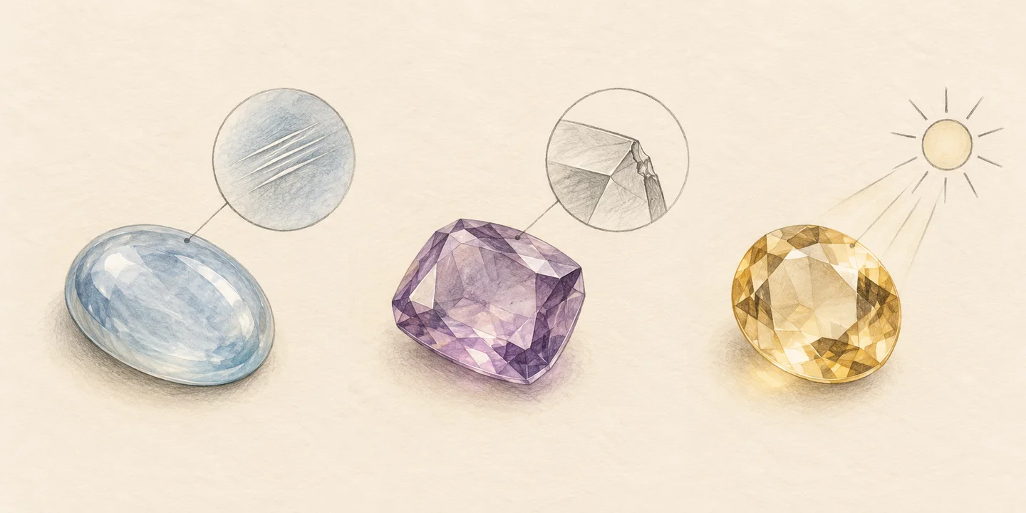 Three painted gemstone studies accompany conceptual scratch, breakage and environmental-resistance cues.