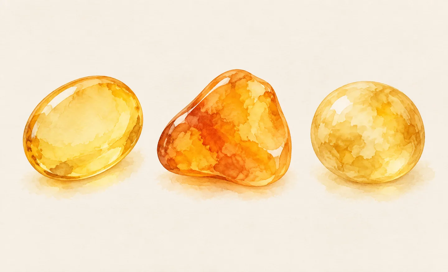 Three watercolour polished forms in honey yellow and orange, with clear and cloudy appearances.