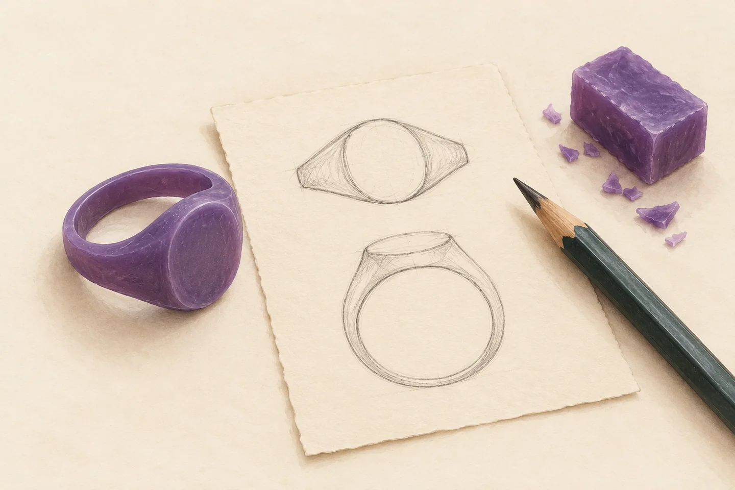 Watercolour illustration of a purple wax ring model beside an unlabelled ring sketch and pencil.