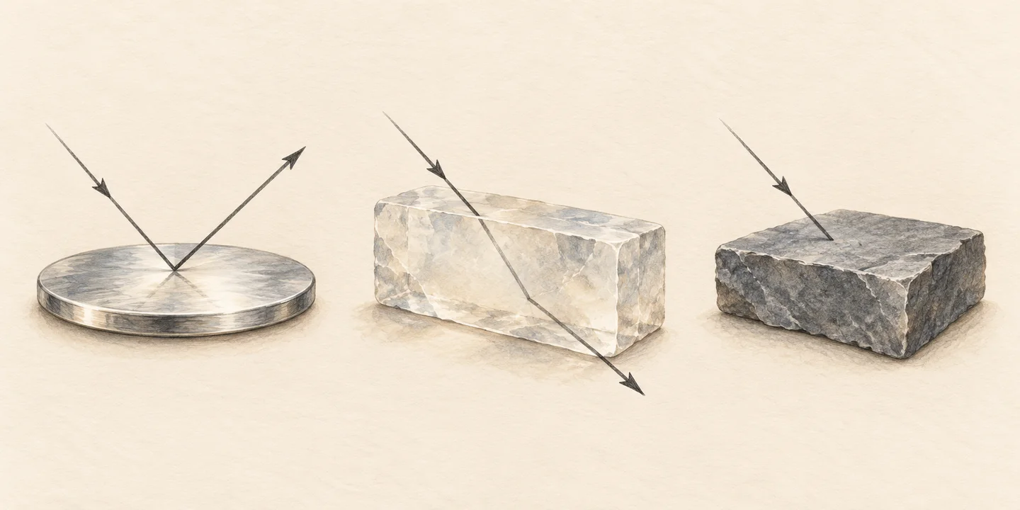 Painted material studies distinguish surface reflection, transmission through a clear slab and an opaque example.