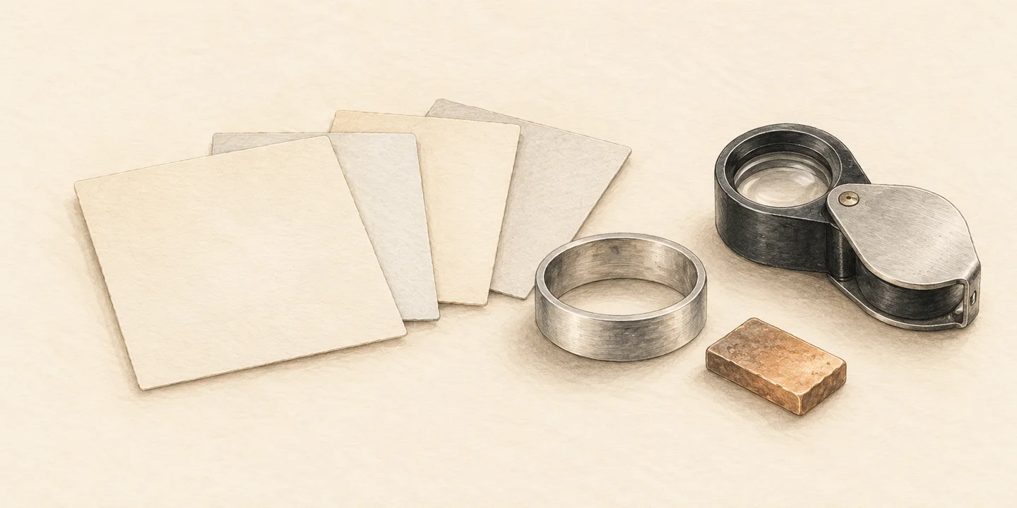 A painted ring, metal offcut, loupe and blank cards accompany separate component, surface and service questions.