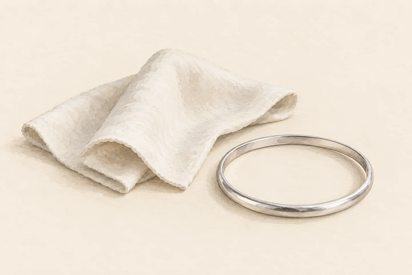 Watercolour illustration of a pale folded soft cloth beside a plain silver-coloured bangle.