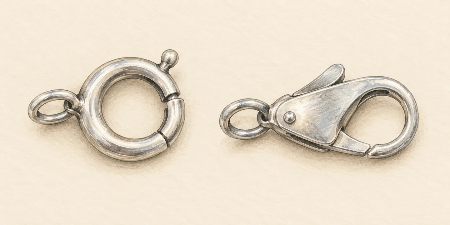 Painted silver spring-ring and lobster clasps show their different operating tabs and opening forms.