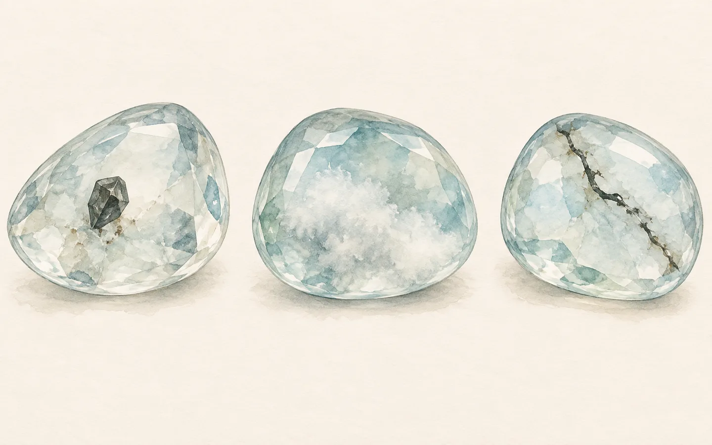 Three imagined pale translucent stones showing a small dark angular internal feature, a diffuse cloud and an irregular dark line.
