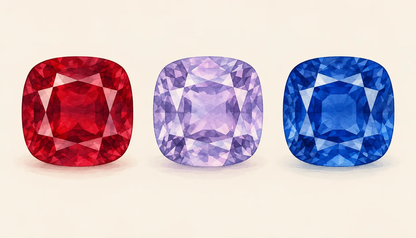 Three illustrated cushion-shaped faceted stones in red, lavender and blue.