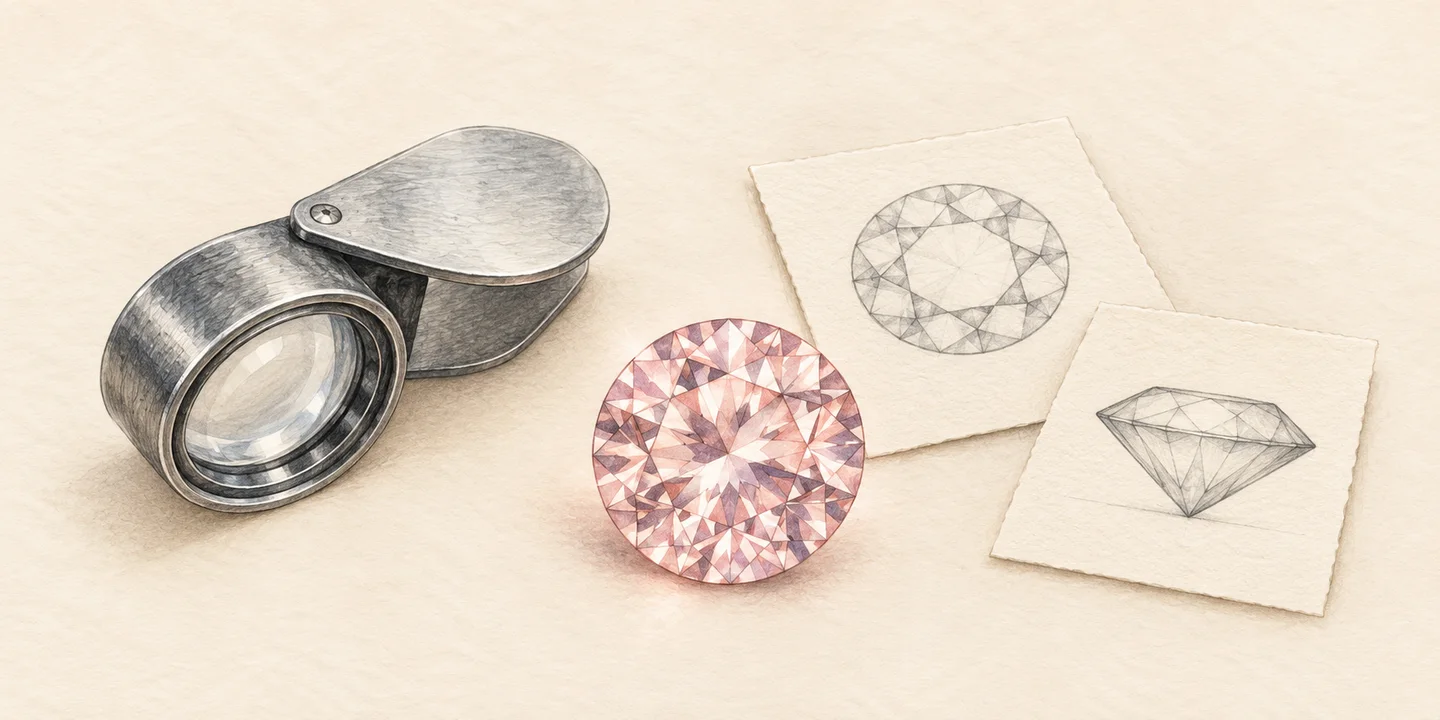 An imagined pale pink faceted stone, blank records and loupe accompany two different origin questions.