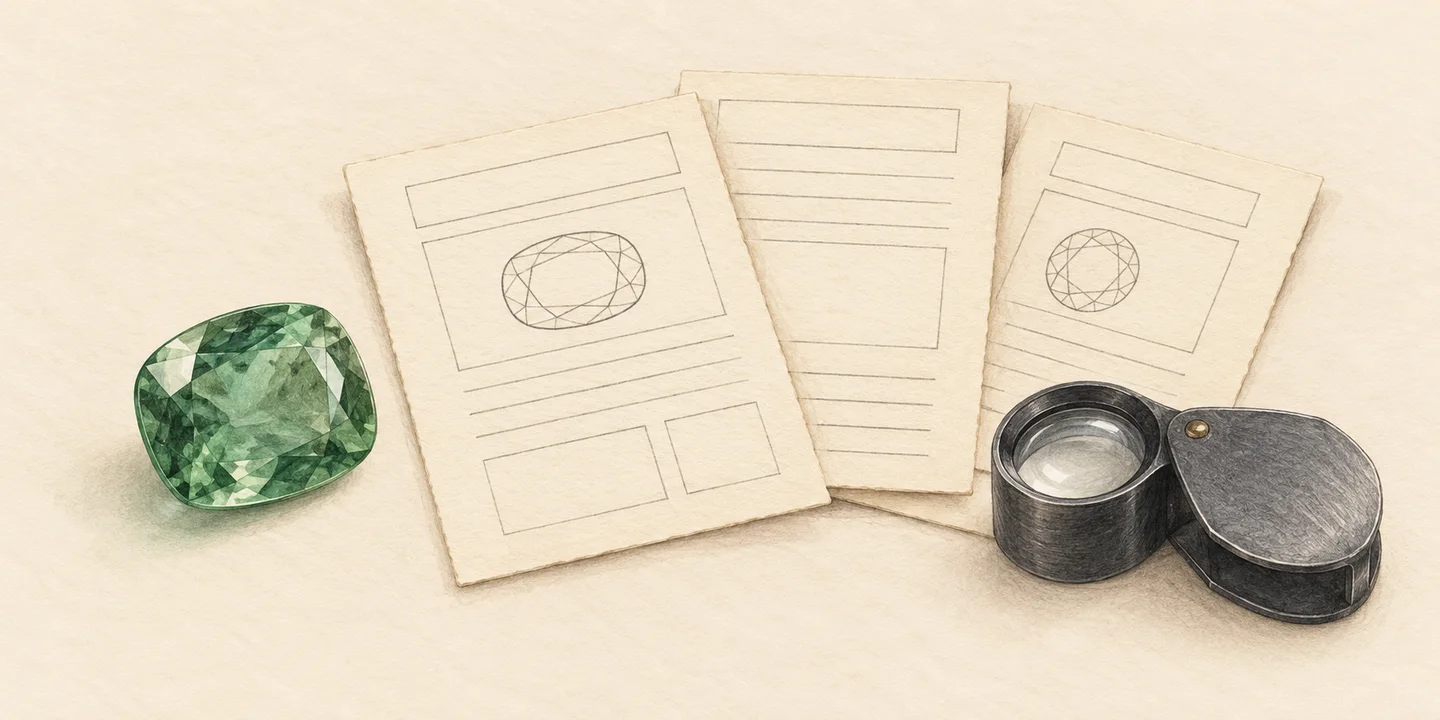 A painted green gemstone, blank evidence sheets and loupe accompany separate origin and journey questions.