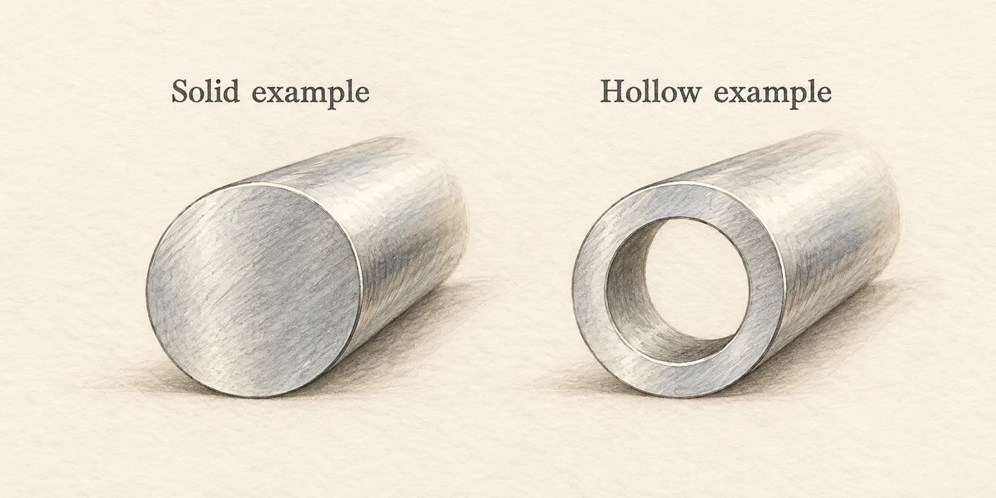 Painted solid rod and hollow tube sections with matching outside diameters and different interior construction.