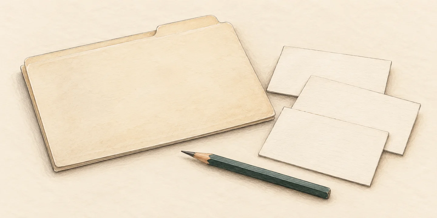 A painted reference folder, blank record cards and pencil accompany product, version and tutor-review fields.