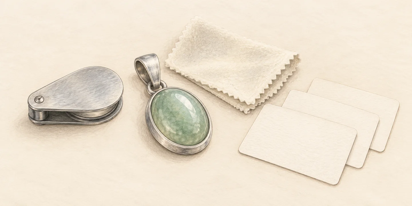 A painted stone-set pendant, loupe, cloth and blank cards accompany whole-piece assessment questions.