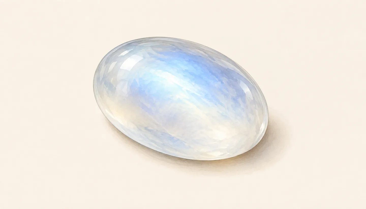 An illustrated milky oval cabochon with a soft diffuse blue sheen.