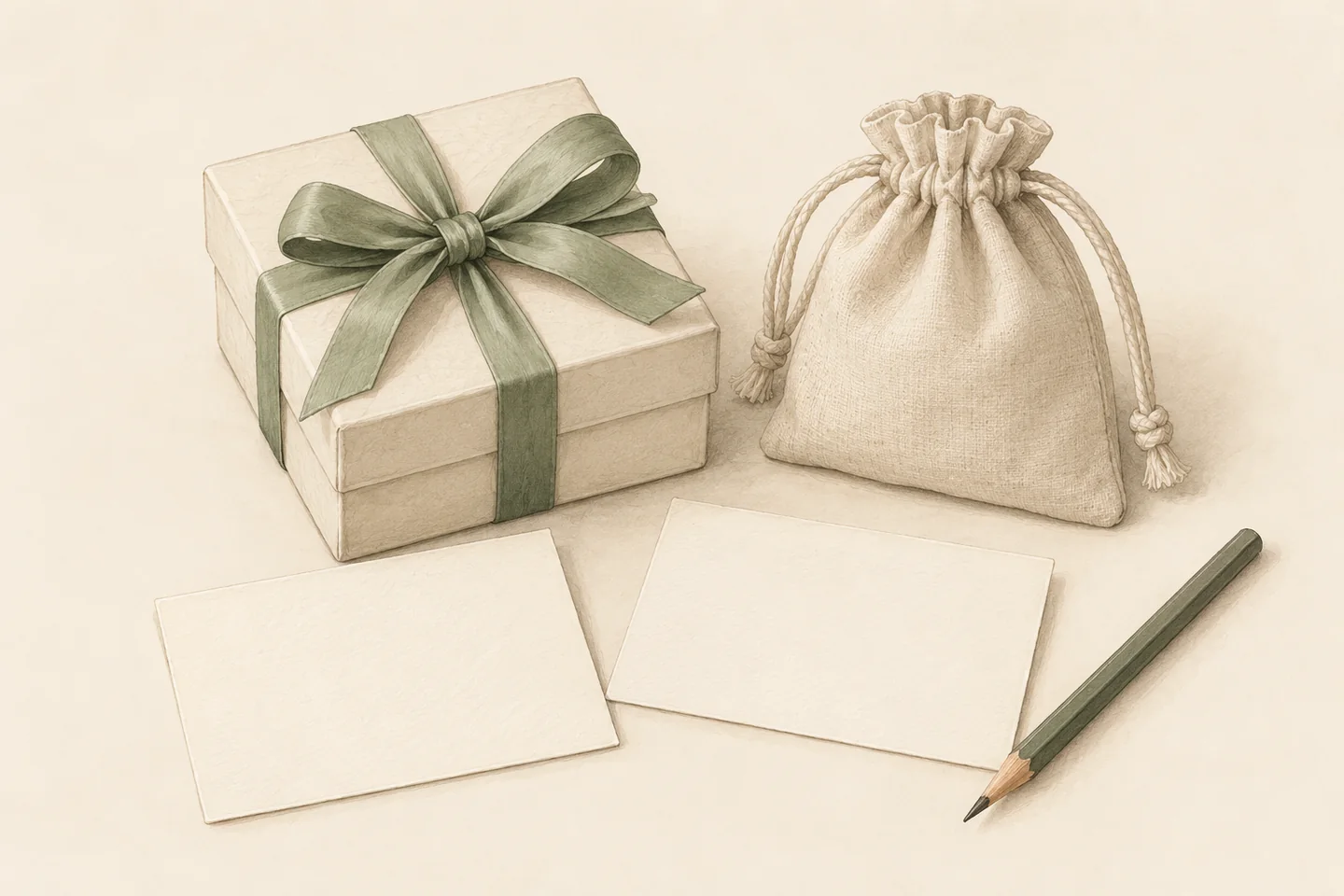 Illustrated cream gift box, cloth pouch, blank record cards and pencil with a muted green ribbon.