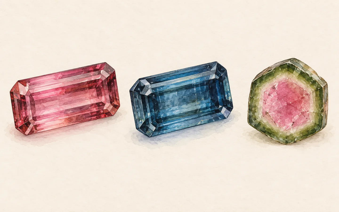 An imagined pink-red step-cut gem, a deep blue step-cut gem, and a rounded hexagonal slice with a pink centre and green outer zone.