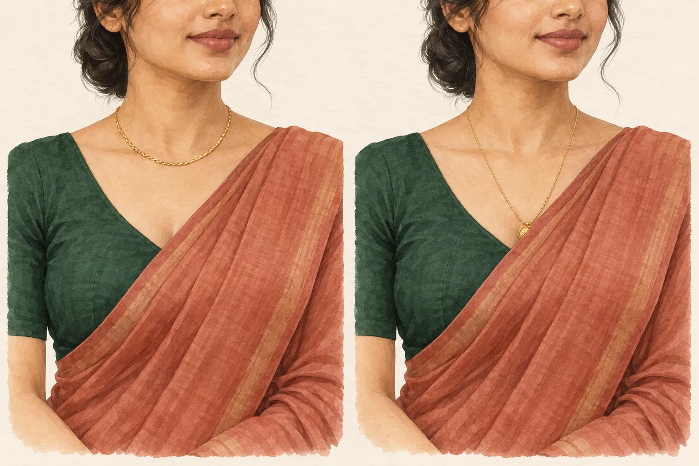 Two illustrated views of the same saree and blouse: a short necklace stays visible, while a longer pendant is partly covered by the same drape.