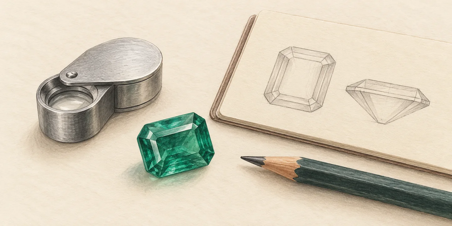 A painted green stone, loupe, blank notebook and pencil accompany questions about laboratory wording.