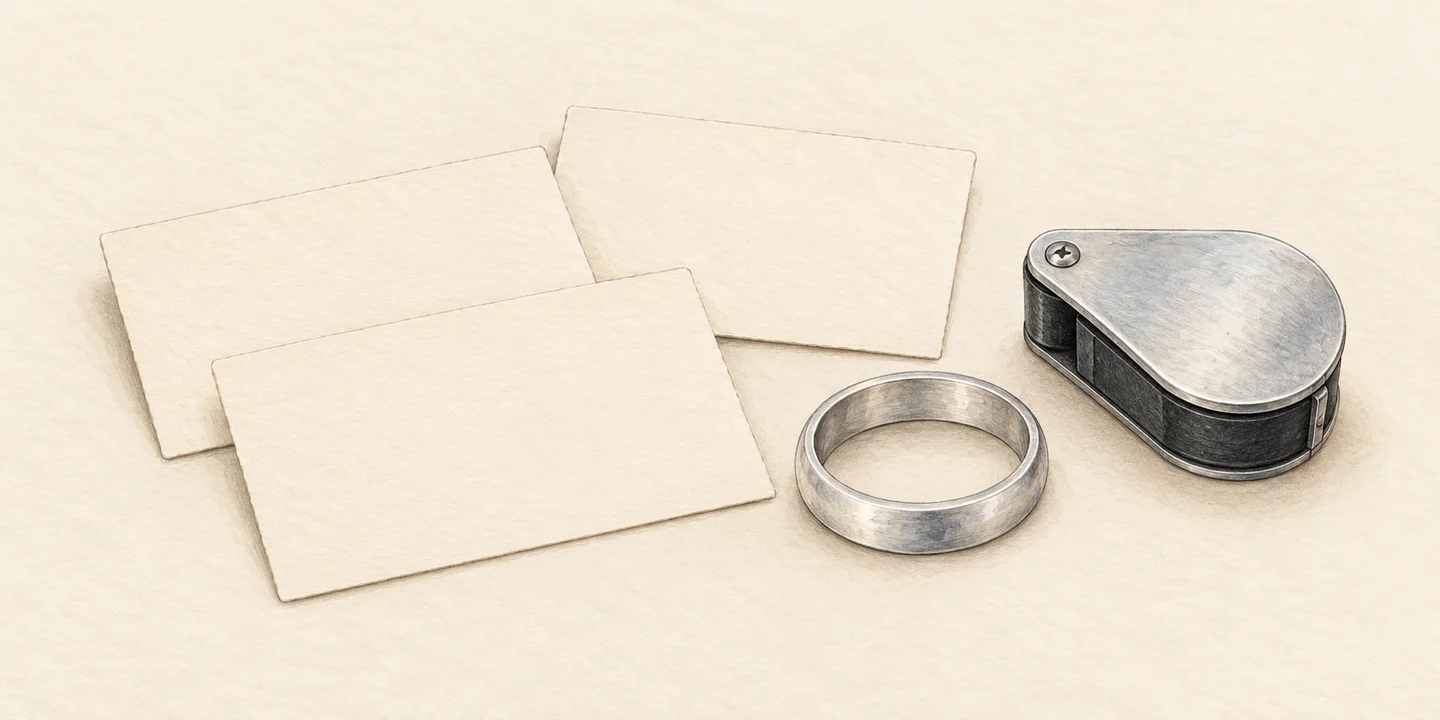 Blank painted cards, a plain unmarked ring and a loupe accompany three purity-record fields.