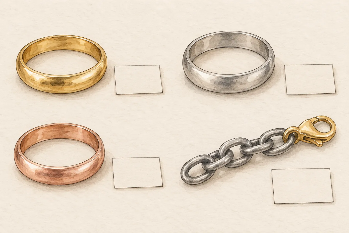 Illustrated rings in yellow, grey and rose colours, with separate blank item cards, beside a grey chain and yellow-coloured clasp.