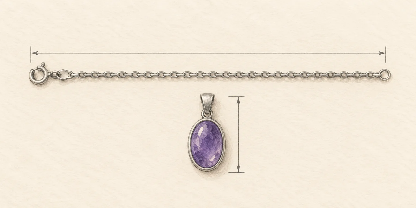 A painted chain and separate pendant with individual dimension leaders, illustrated at different display scales.