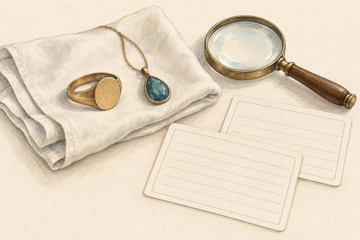 Illustrated signet ring and pendant remain untouched on a cloth, beside a magnifier and two blank record cards.