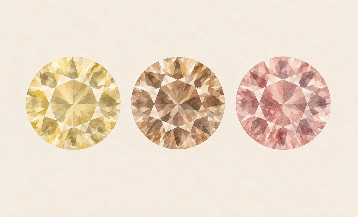 Three illustrated round faceted forms in muted yellow, warm brown and dusty pink.