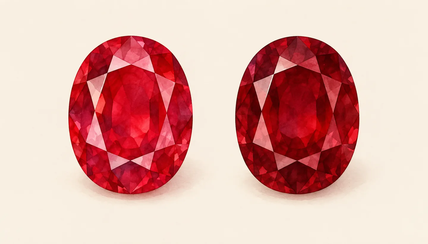 Two illustrated oval faceted stones, one brighter medium red and one deeper red.