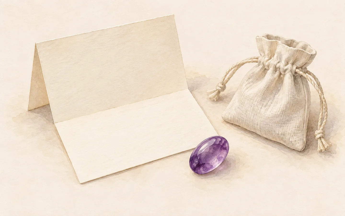An imagined small violet oval stone beside a completely blank folded note card and a pale cloth keepsake pouch.