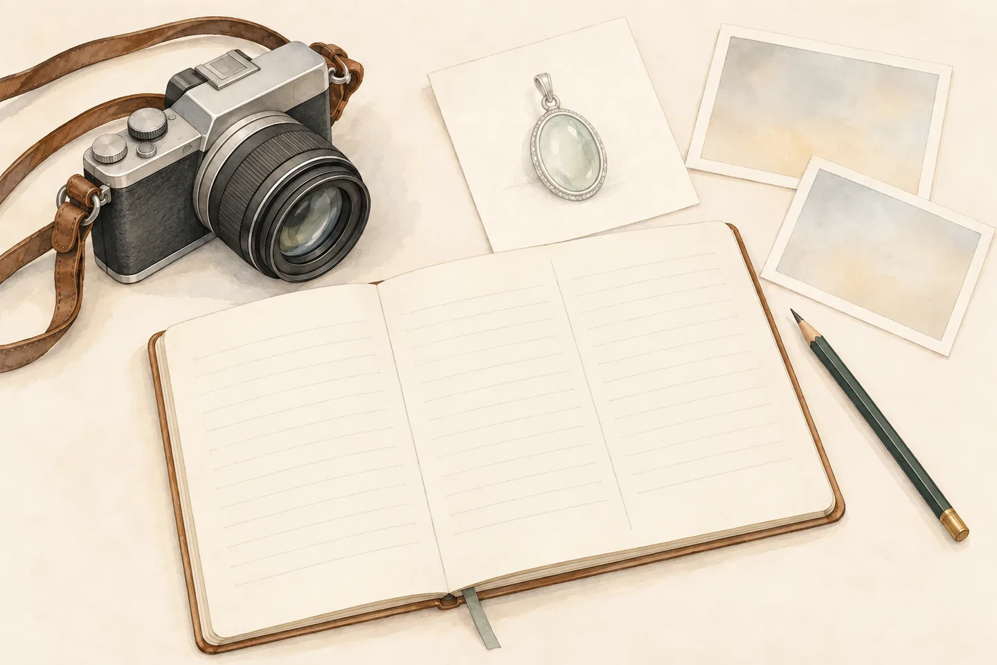 An unbranded camera beside blank notes, a pendant sketch, pencil and two empty photographic print cards.