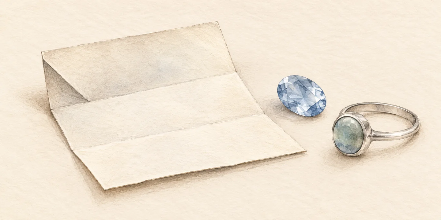 A blank enquiry document sits beside imagined loose and mounted gemstone examples.
