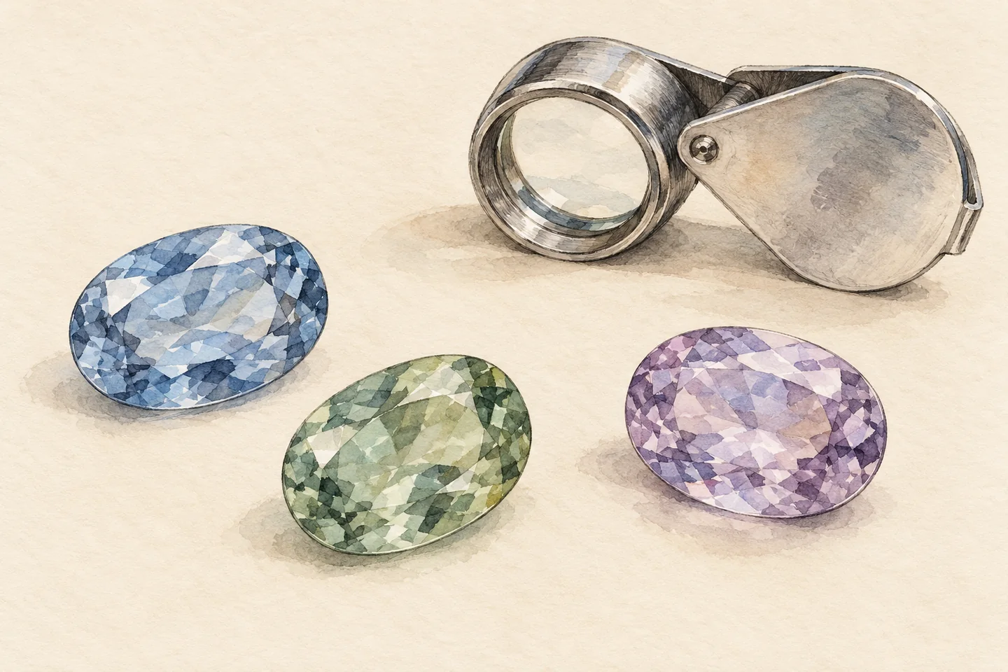 Watercolour illustration of three loose faceted gems and a folding loupe on cream paper.
