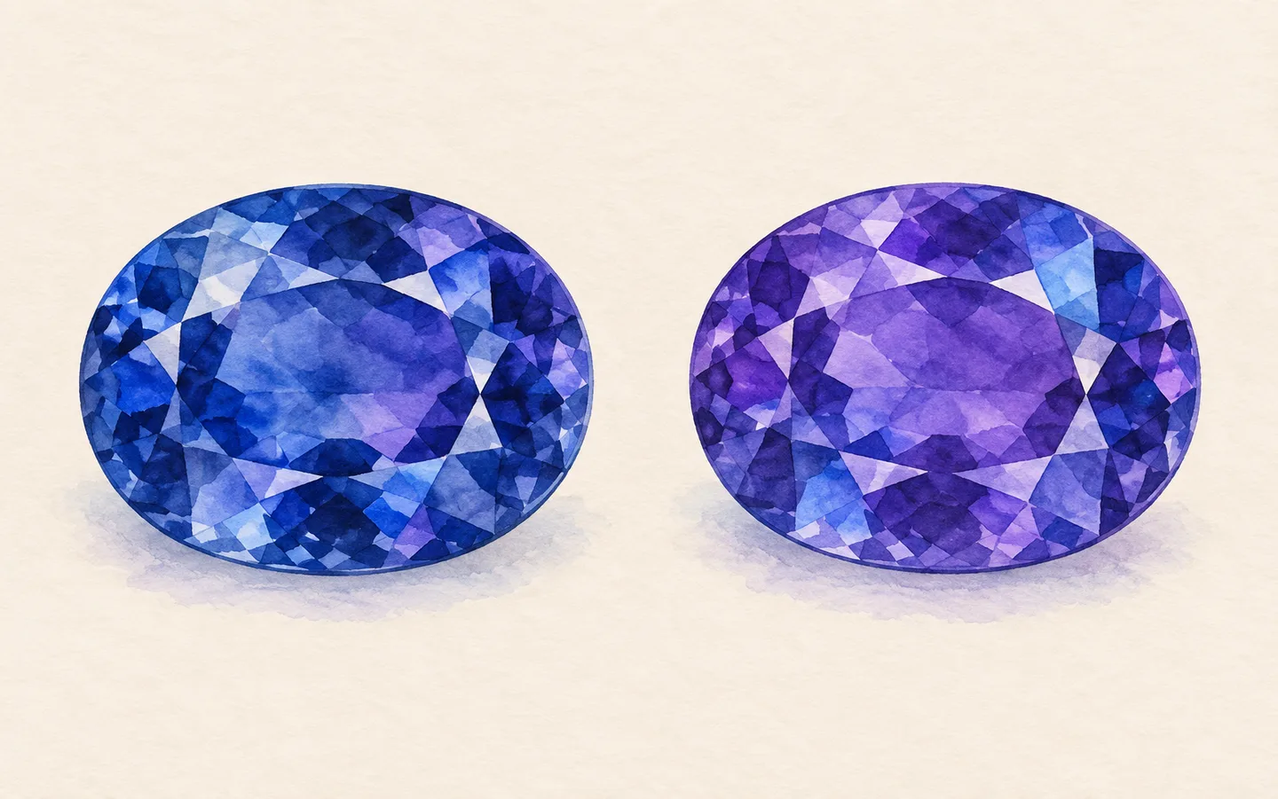 Two imagined oval faceted gems with blue and violet facets, one predominantly blue and the other predominantly violet.