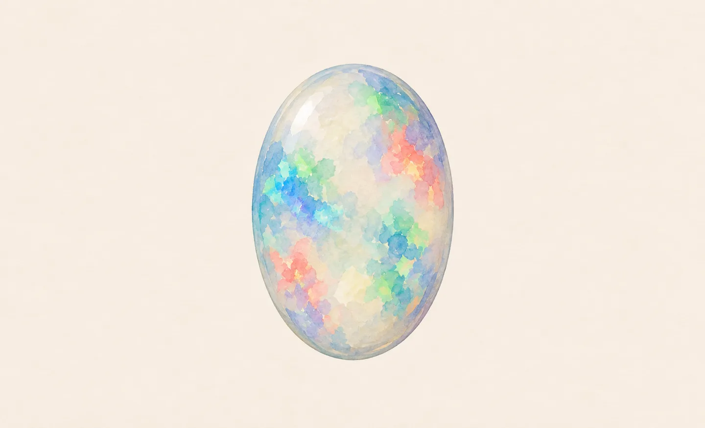 Illustrated smooth opal-like cabochon with coloured patches.
