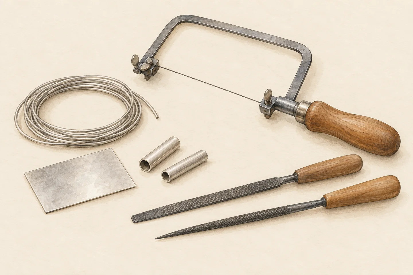 Illustration of metal sheet, coiled wire, hollow tubes, a jeweller’s saw and two hand files.