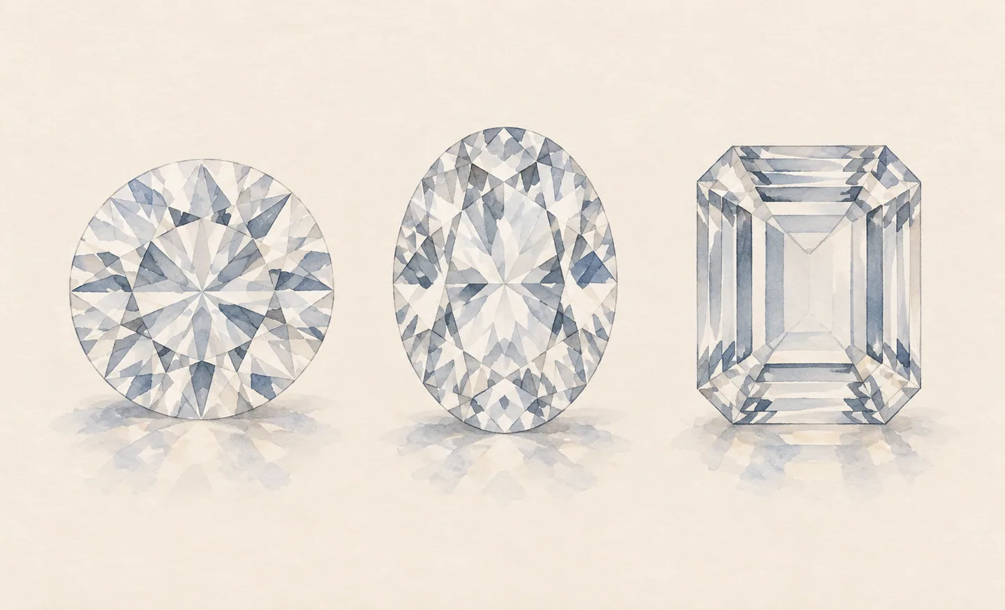 Illustrated colourless faceted forms with round, oval and rectangular step-cut outlines.
