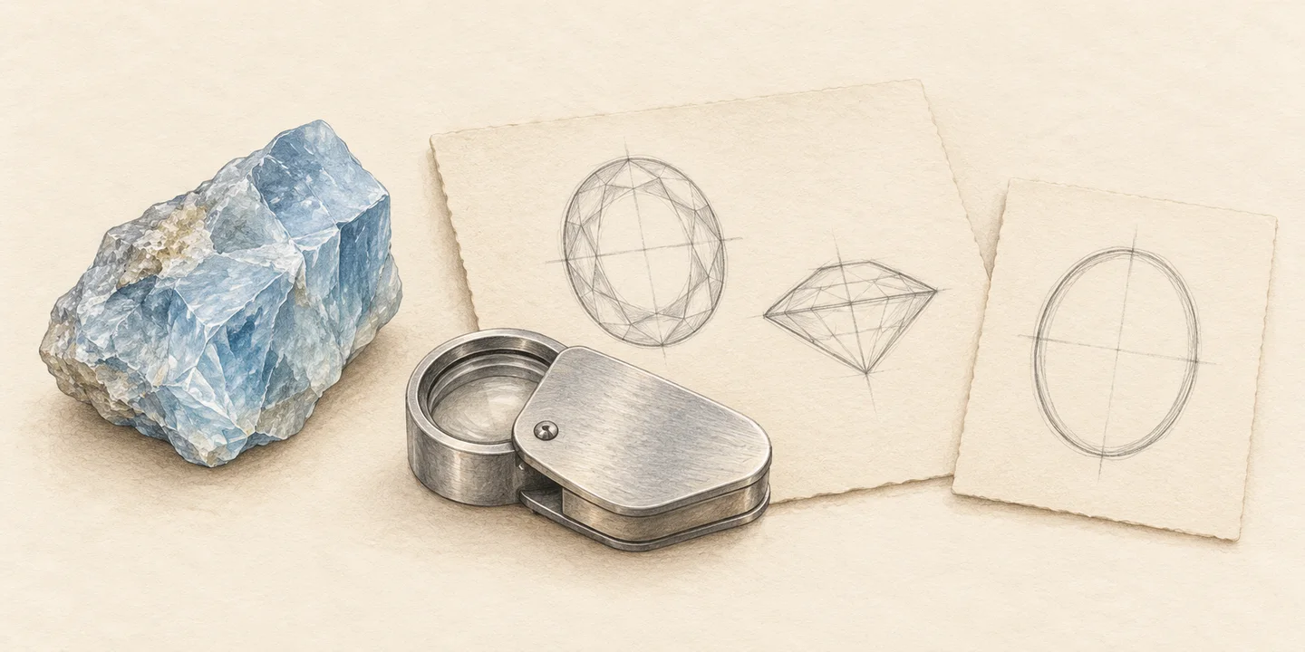An imagined rough crystal, loupe and pencilled outcome sketches accompany a project-assessment plan.