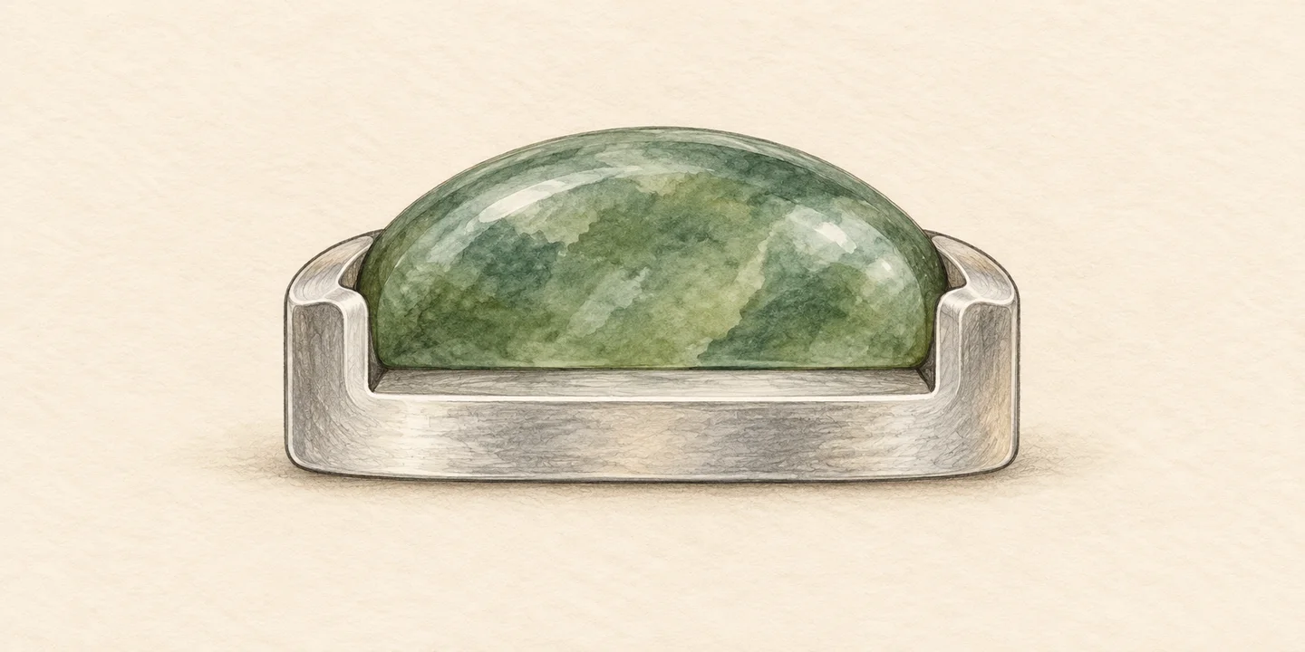 A painted cross-section shows a green domed stone resting on an internal ledge inside an outer retaining rim.