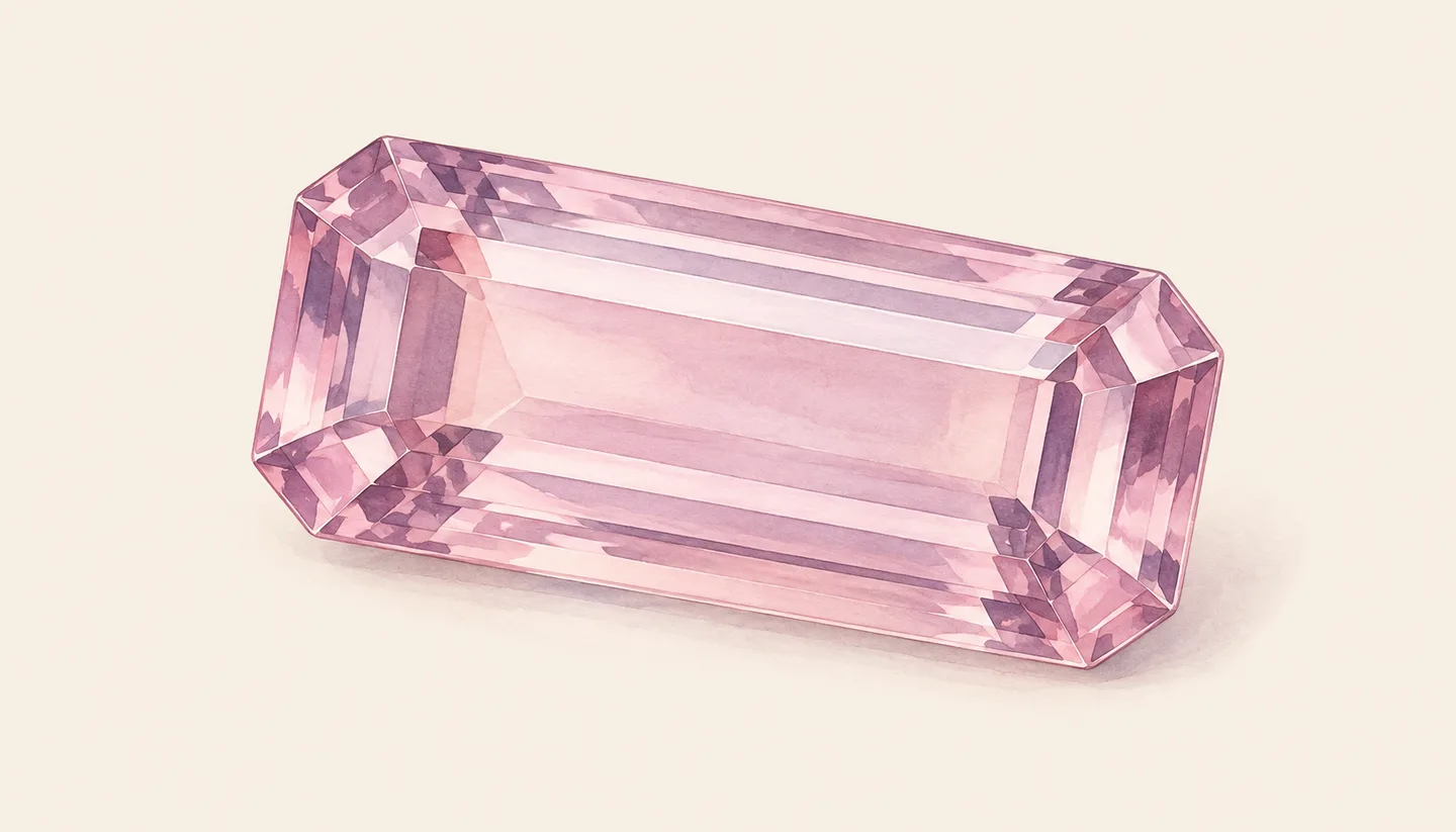 An illustrated pale pink-violet rectangular stone with broad step facets.