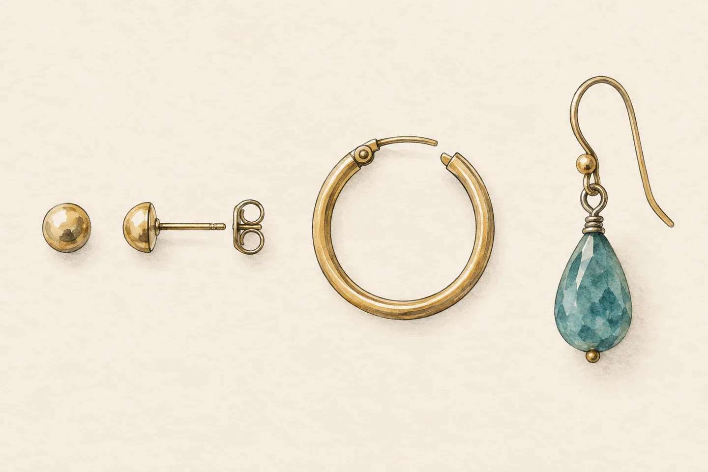 Watercolour illustration of a stud front and post with separate back, an open hoop, and a bead drop on a hook wire.