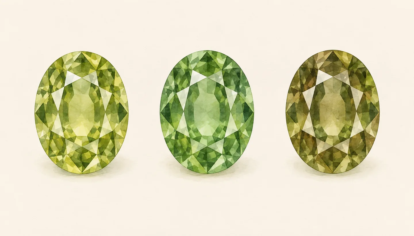 Three illustrated matching oval faceted stones in yellow-green, medium green and olive-green.