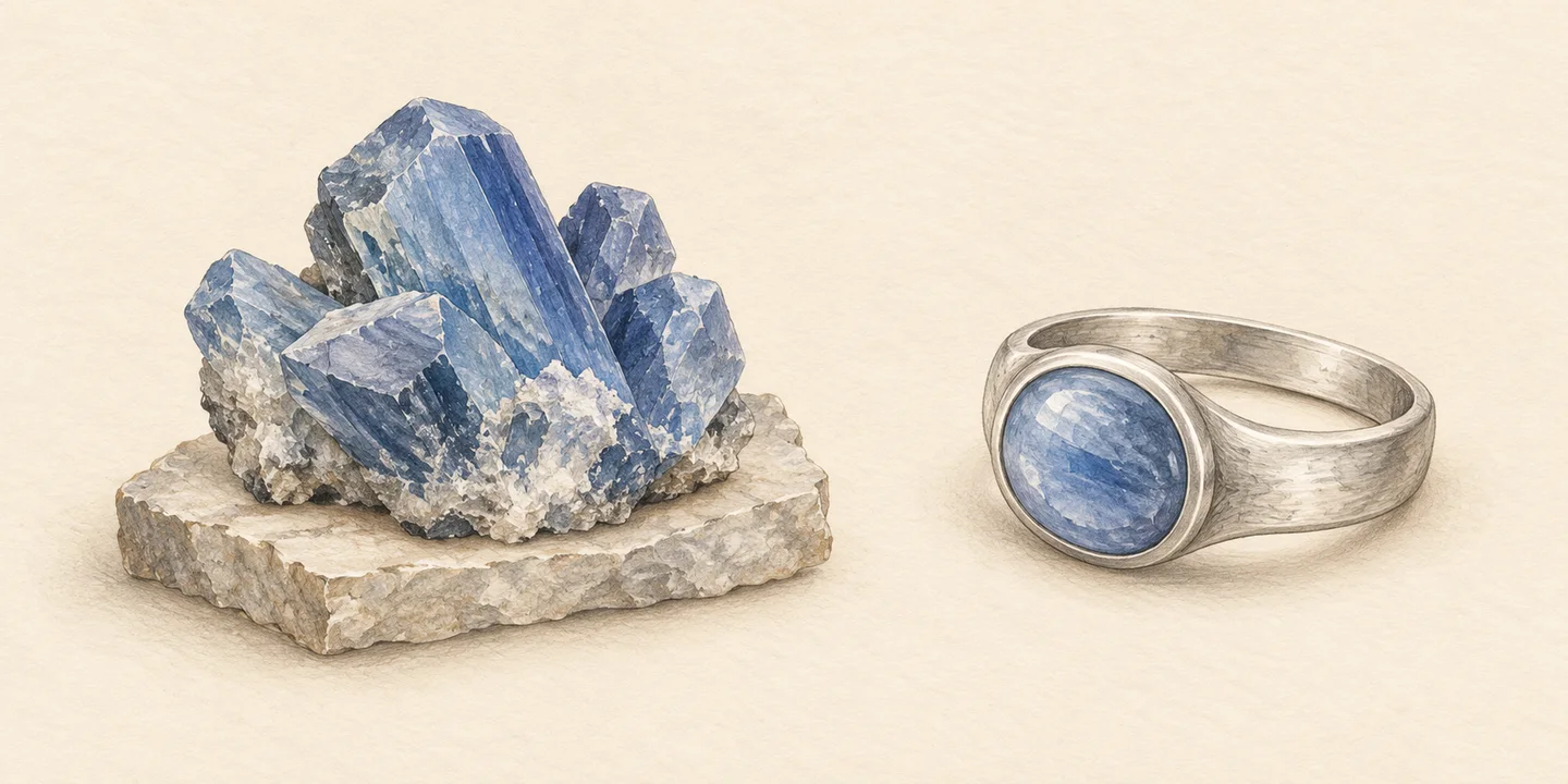 An imagined display crystal specimen sits separately from a painted stone-set ring.
