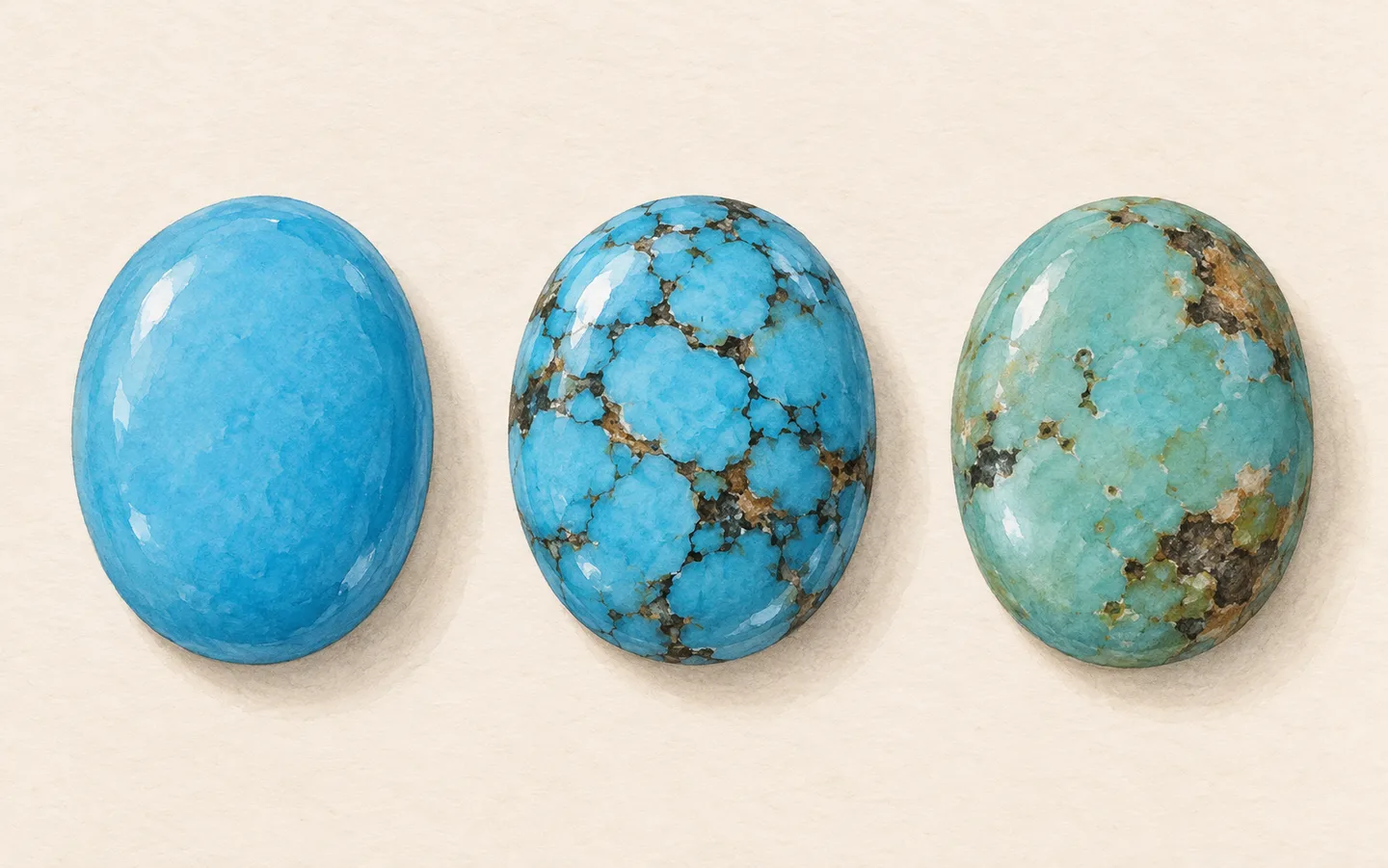 Three imagined opaque oval cabochons: uniform blue, blue with irregular dark web-like matrix, and blue-green with patchier matrix.