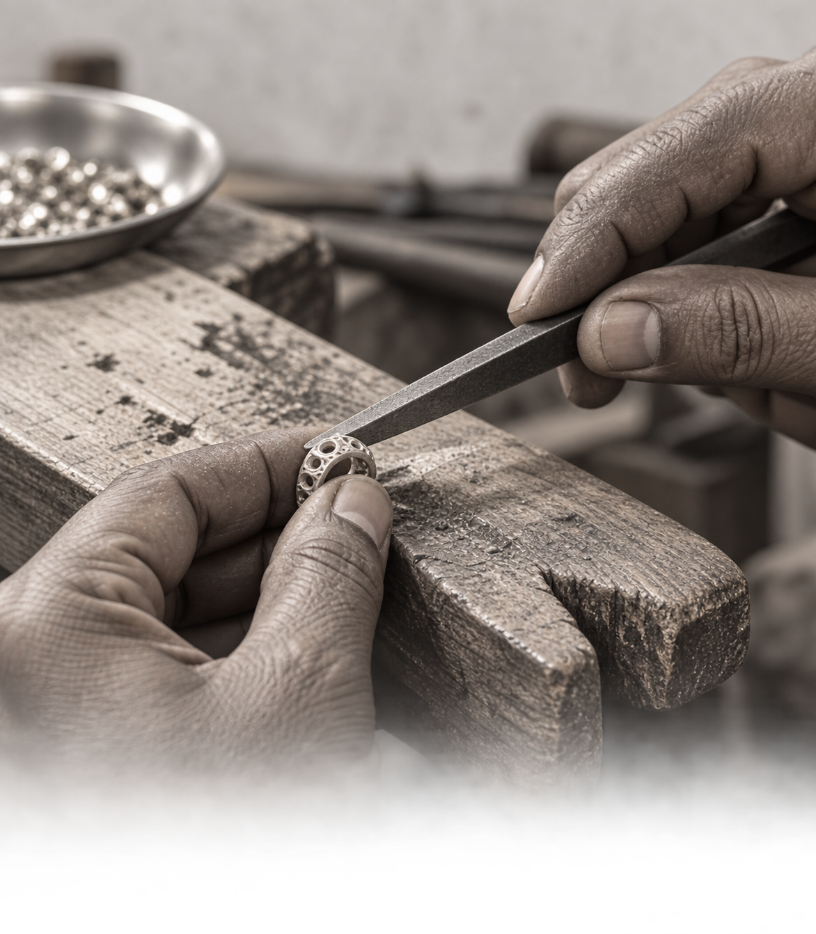 Close-up illustration of a jeweller’s hands filing silver at a worn workbench