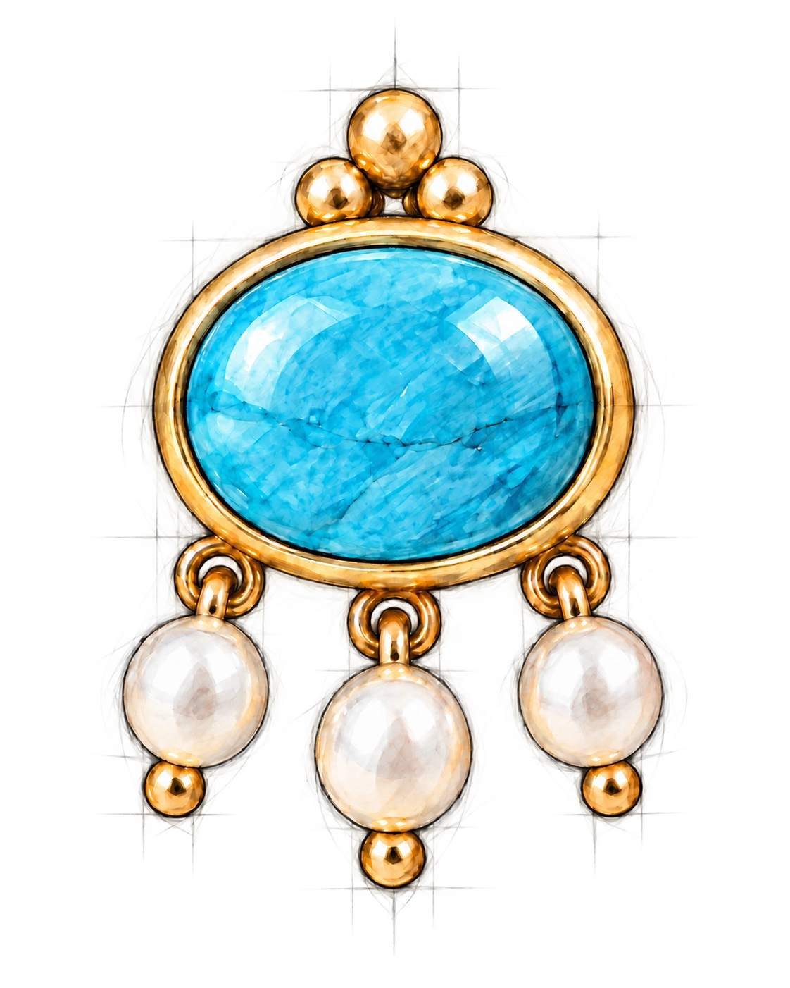 Original front illustration of Ocean Pearl, showing the oval turquoise stone and three rounded pearl drops.