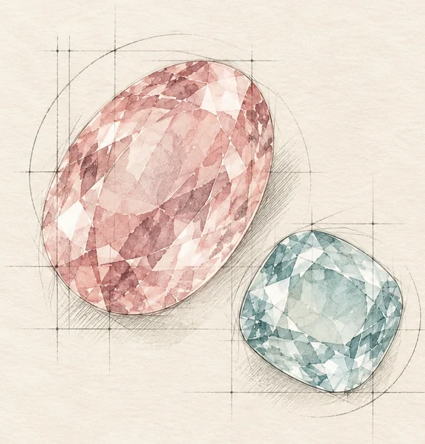 Illustration of an oval pink gemstone and a cushion-shaped pale blue gemstone
