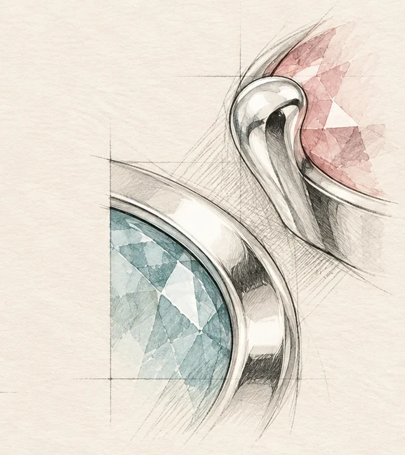 Illustrative silverwork drawing for Blush Bloom; unrevealed jewellery concealed