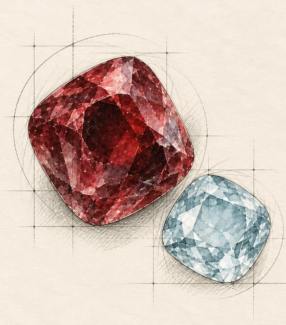 Illustration of two cushion-shaped gemstones, red and pale blue