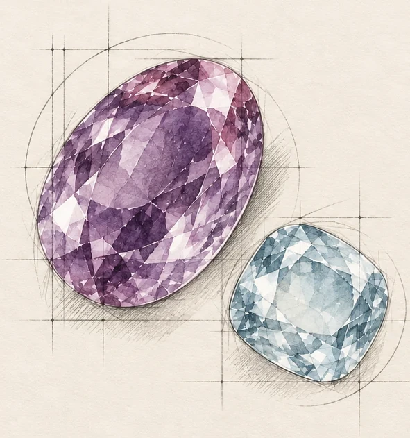 Illustration of an oval purple gemstone and a cushion-shaped pale blue gemstone