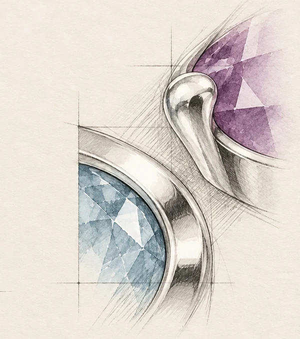 Illustrative silverwork drawing for Royal Amethyst; unrevealed jewellery concealed