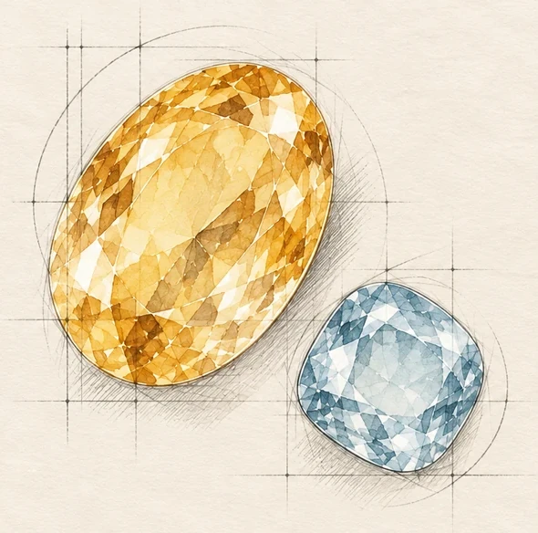 Illustration of an oval golden gemstone and a cushion-shaped pale blue gemstone